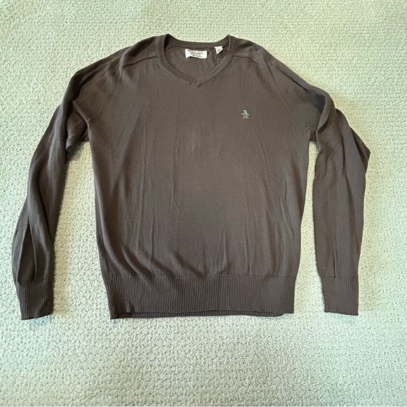 Original Penguin Brown V-Neck Sweater‎ with Ribbed Cuffs - Picture 1 of 5